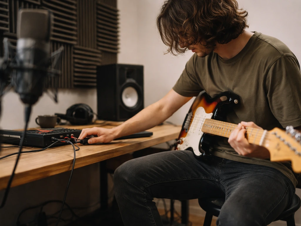 Independent musician in a minimalist studio adjusts a guitar and audio gear for solo and label work