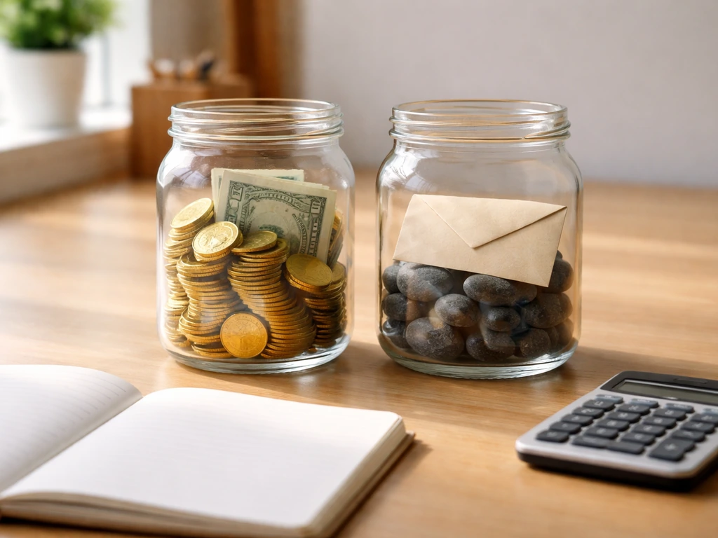 Two glass jars on a desk showing assets vs liabilities with no text or person.