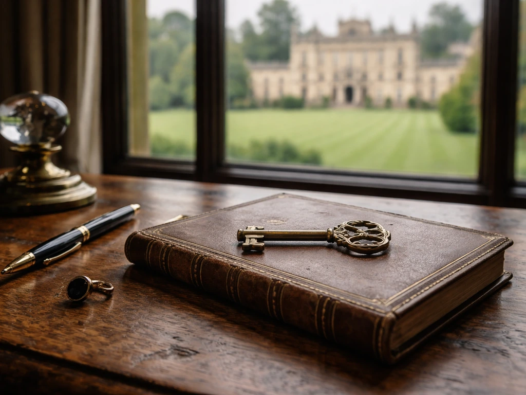 Close-up of a key and leather ledger on a wooden desk with a stately estate view through a window.