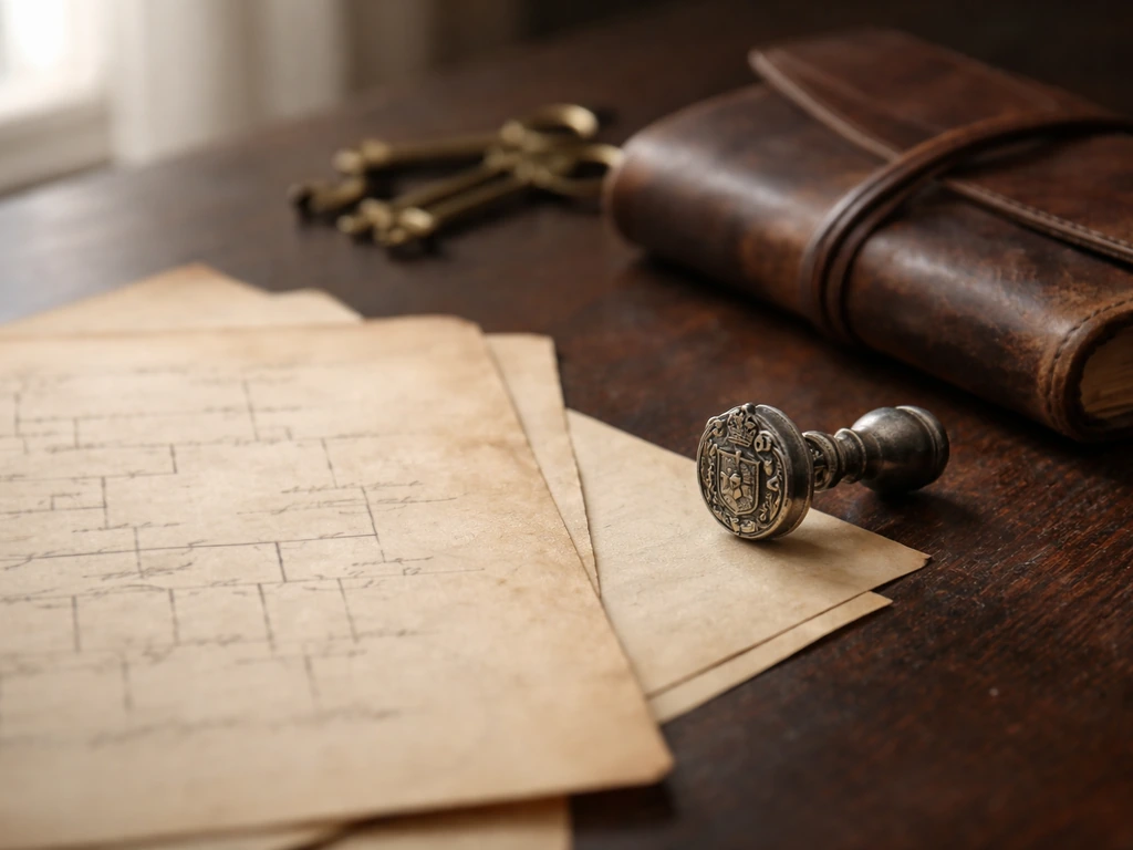 Close-up of an antique family crest seal and old parchment genealogy papers on a wooden desk