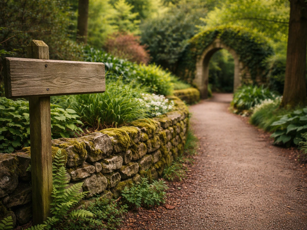 Close-up of a woodland estate garden path with stone wall and signpost at Thorp Perrow.