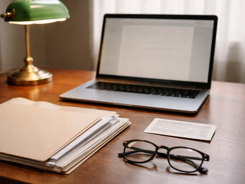 Open laptop showing generic records, with a banker’s lamp, papers, and a small charity donation receipt on a desk