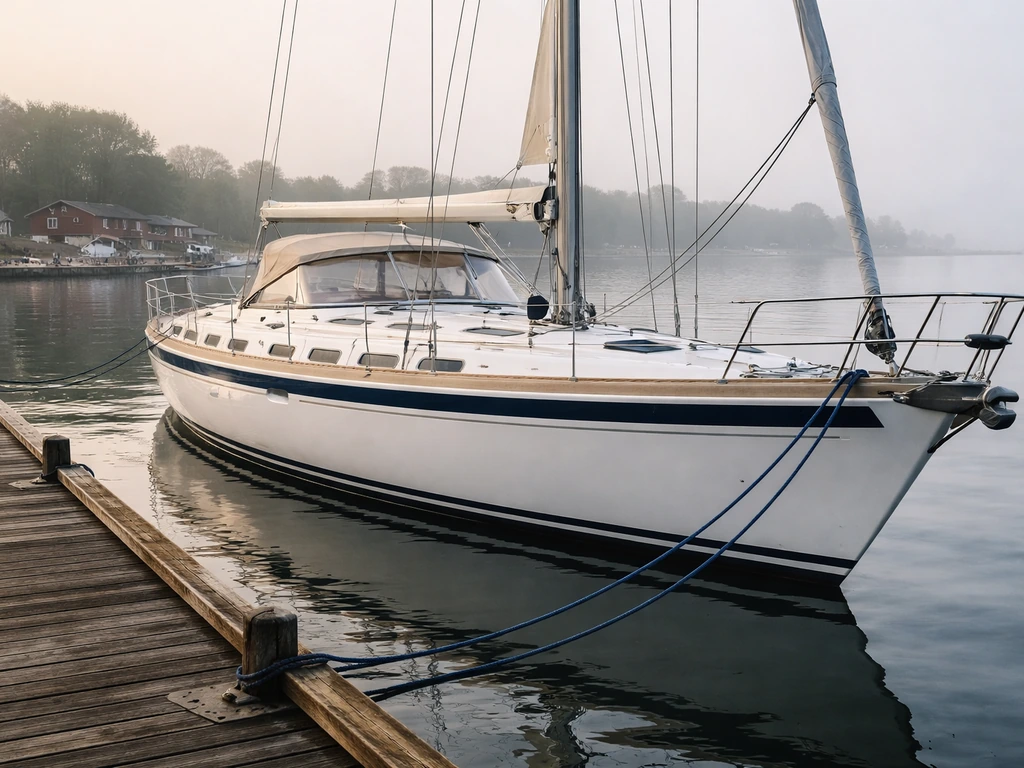 Documentary-style scene of a Hallberg-Rassy yacht dockside in Sweden, evoking luxury and maritime business.