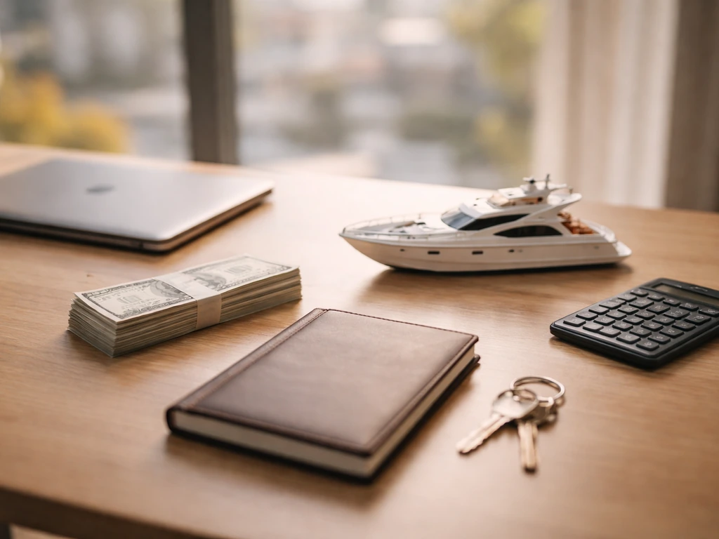 Minimal office scene with a closed laptop, scattered cash, and a glossy yacht model on a desk