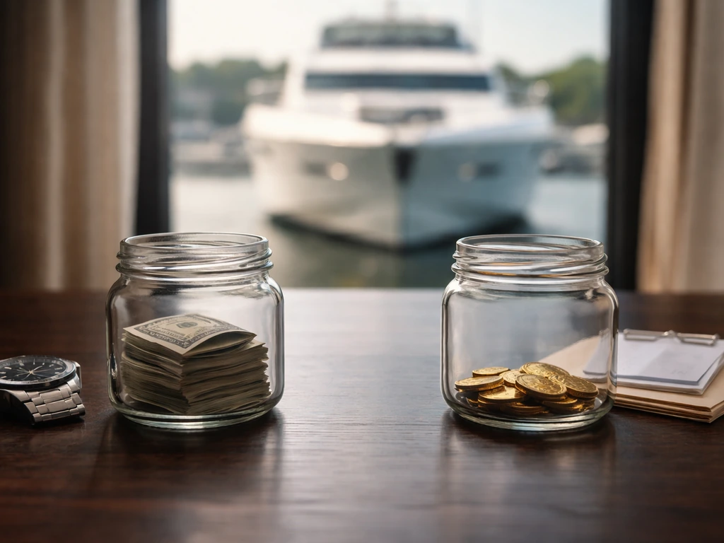 Two glass jars on a wooden table: cash and watch for compensation, coins and sealed envelope for ownership.