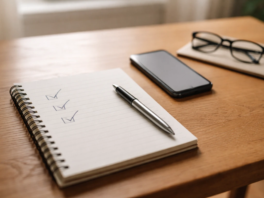 Minimal desk scene showing a checklist notebook and glasses, symbolizing verification of numbers.