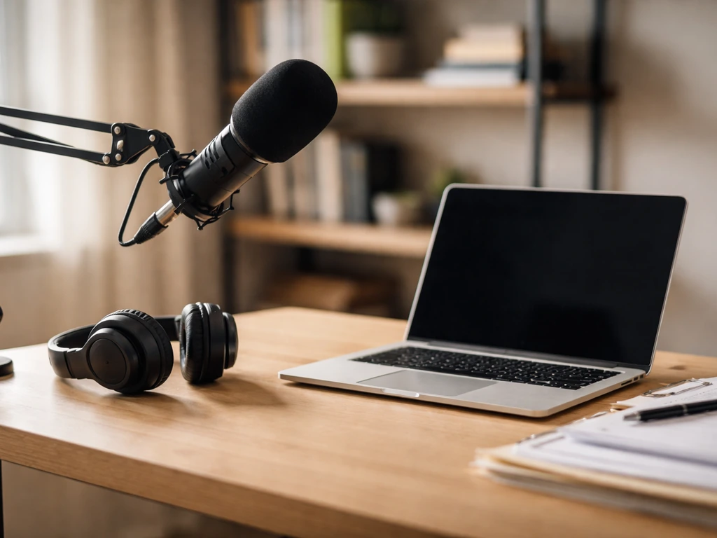 Minimal studio desk with microphone and laptop, suggesting media and business analysis for net worth context.