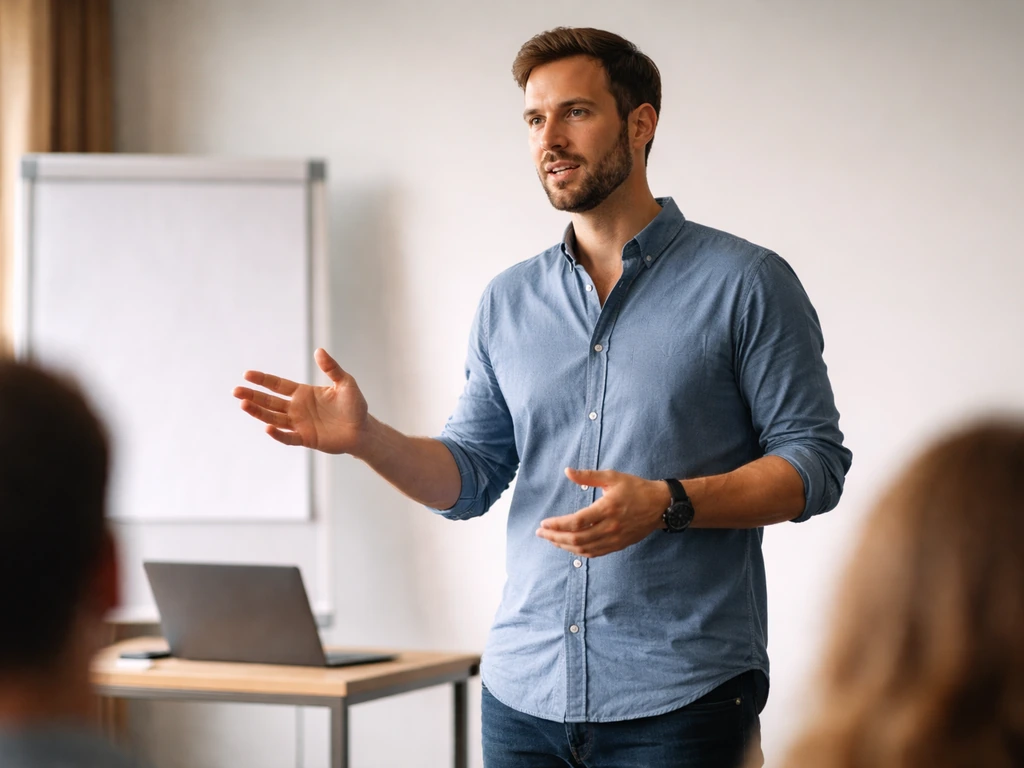 Anonymous presenter leading a small workshop in a modern conference room with a laptop on a table.