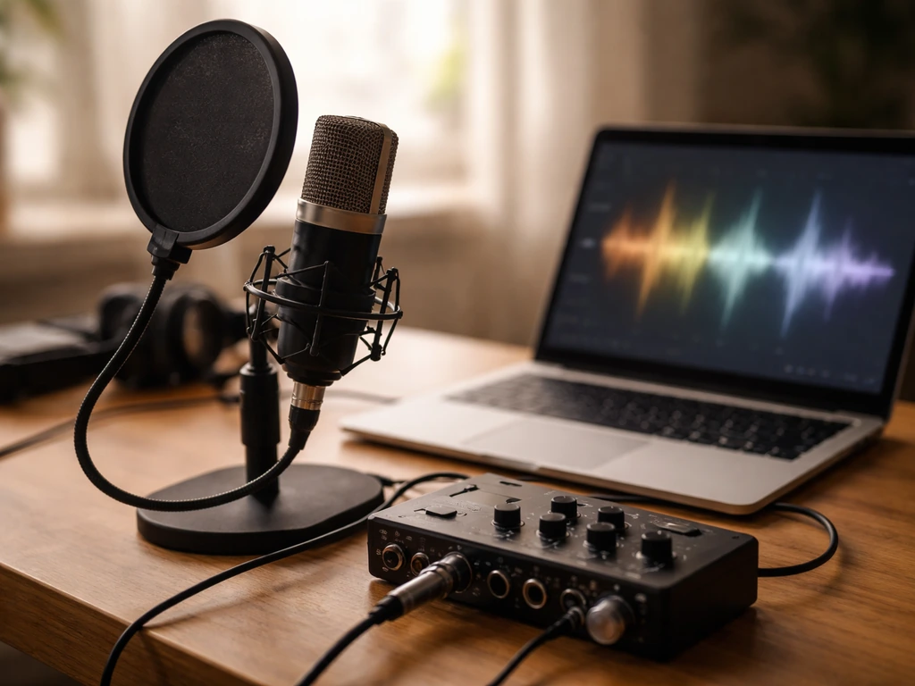 Podcast setup on a desk with microphone, pop filter, audio interface, and a laptop waveform glow