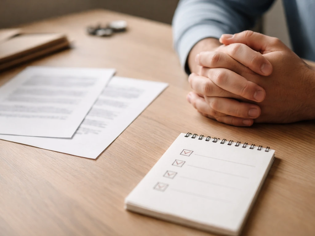 Close-up of a desk with blurred financial documents and a small notepad showing verification checkboxes, no readable tex