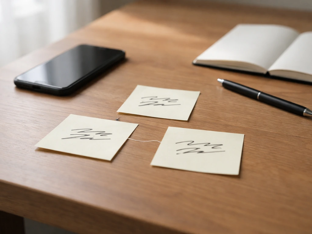 Minimal desk scene with three sticky notes suggesting a step-by-step net-worth triangulation method.