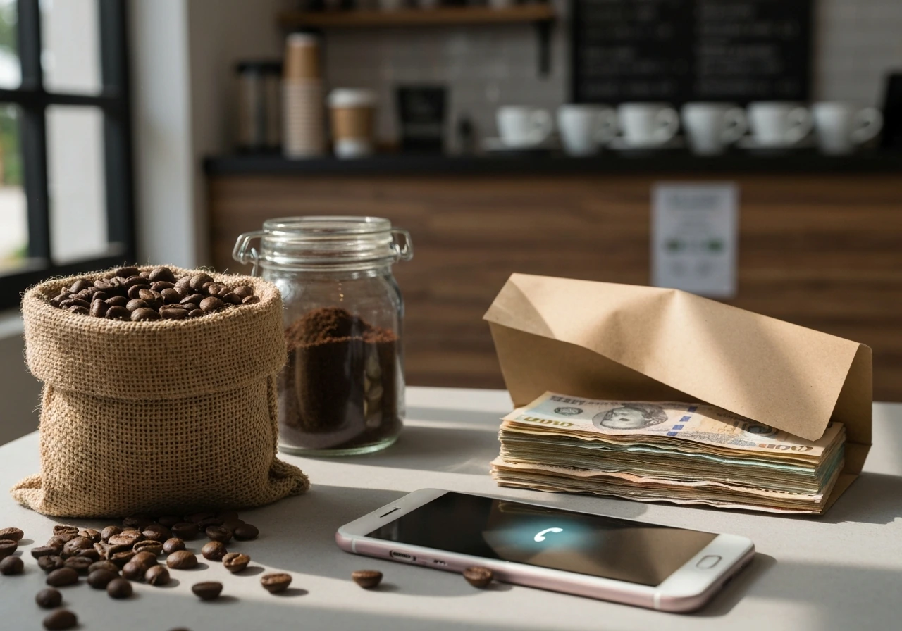 Coffee business scene with money symbolism: cash, coffee beans, and a phone on a desk for net-worth estimation topic.