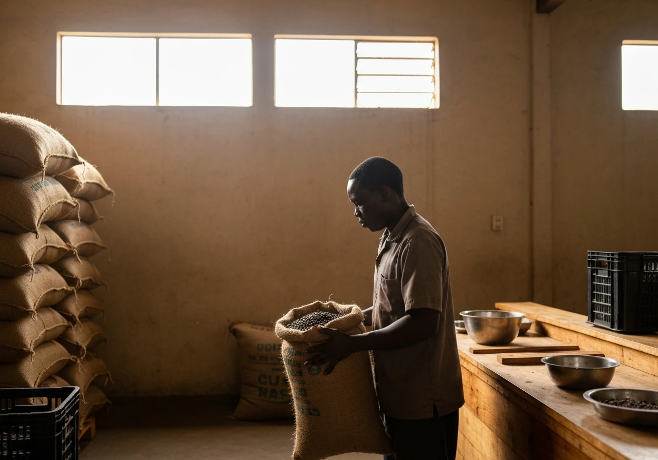 Anonymous worker holding a burlap sack of roasted coffee beans in a simple coffee storage space.