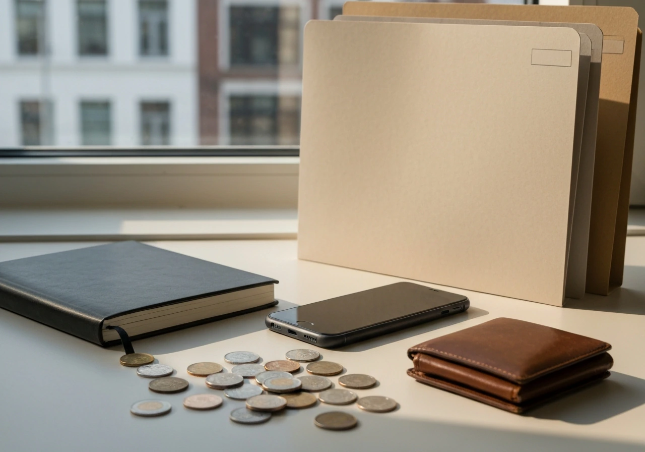 Minimal office desk scene symbolizing an income and asset breakdown with documents and coins, no text