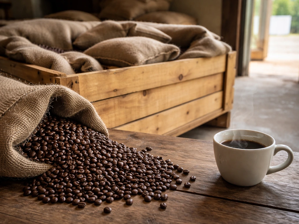 Close-up of coffee beans and a steaming cup beside a shipping crate in a simple Ugandan coffee warehouse.