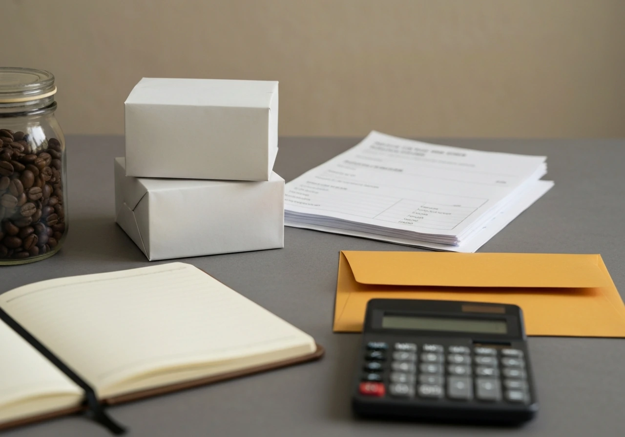 Minimal desk scene with coffee brand materials and a calculator, symbolizing valuation-to-net-worth range.