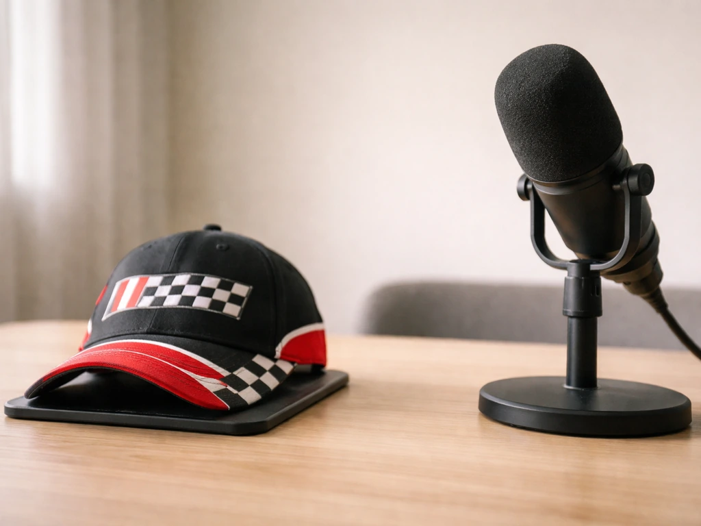 Minimal desk scene: a racing-themed cap item beside a studio microphone, symbolizing identity clarification.