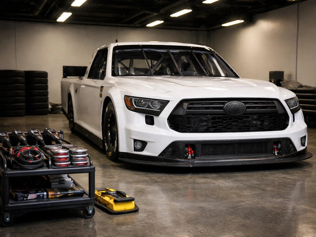 Minimal garage photo showing a Toyota Tundra–style race truck setup with tools nearby, no people.