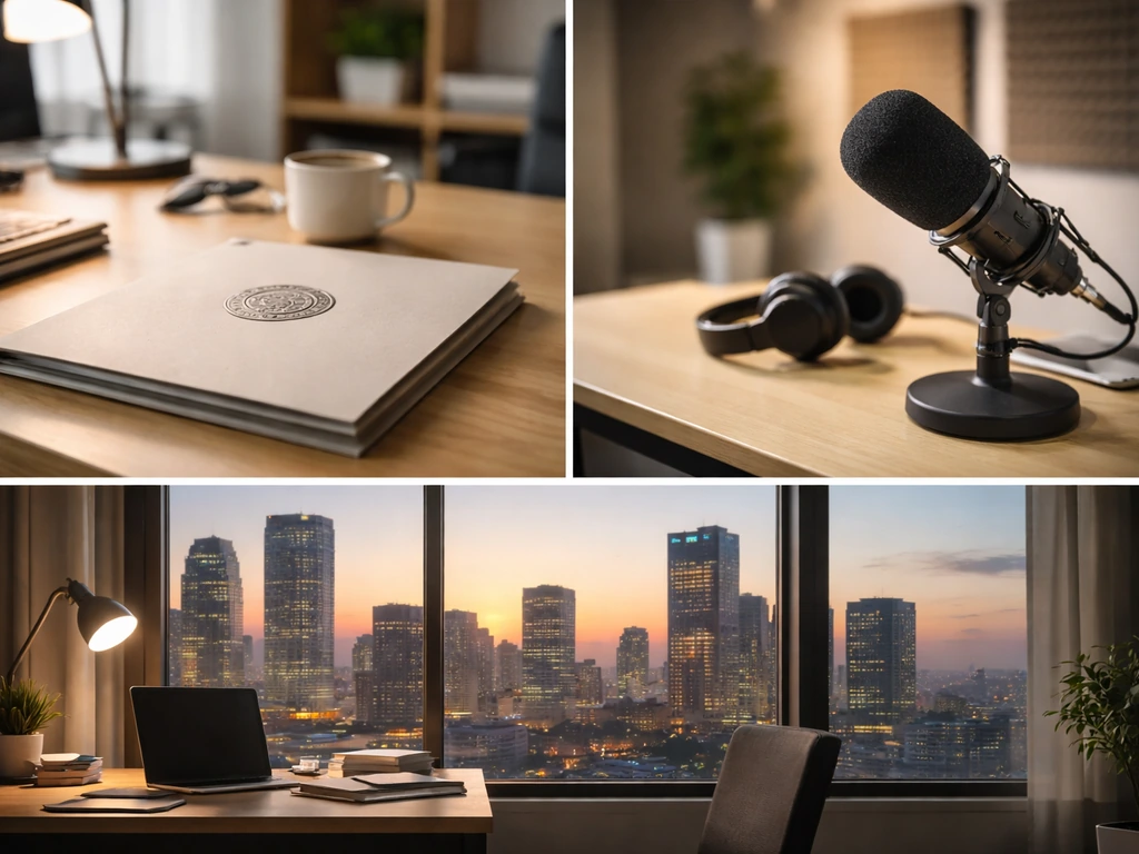 Three-panel photo montage of an office desk, podcast microphone, and city skyline suggesting identity context.