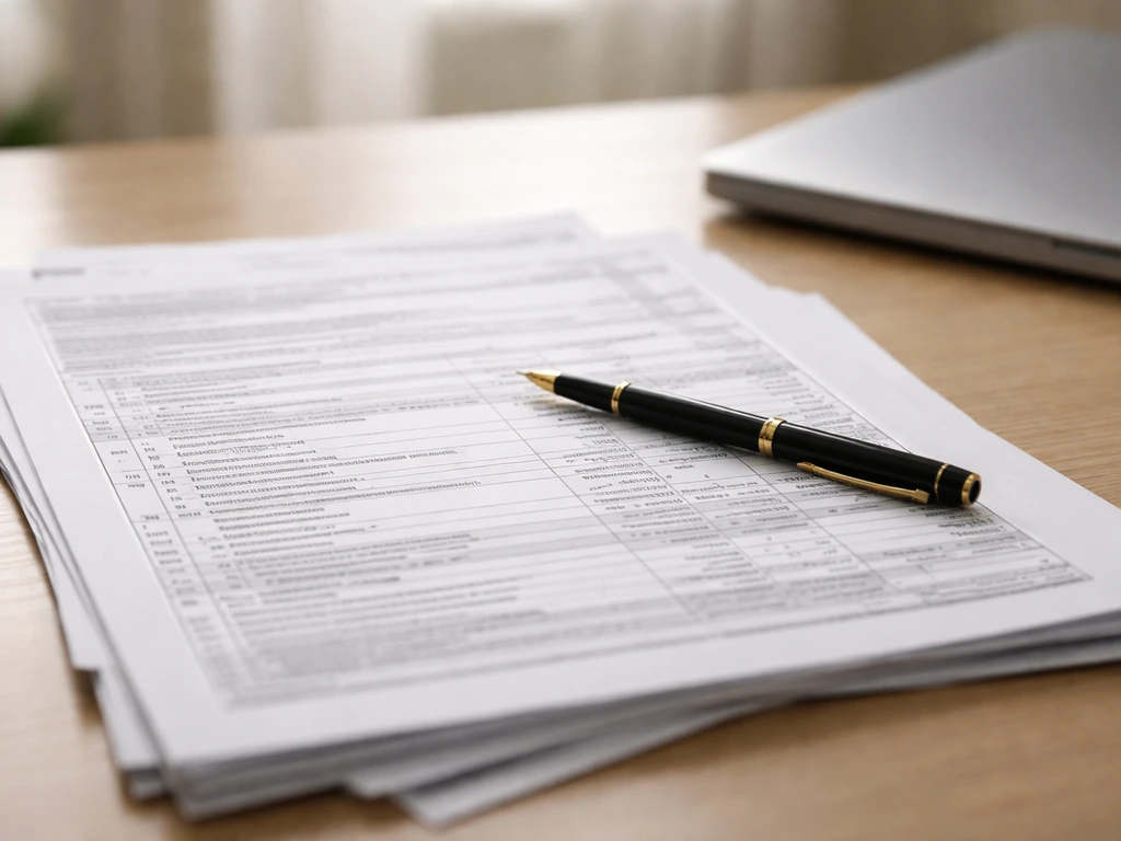 Close-up of a nonprofit leader’s compensation paperwork on a desk with a pen and laptop, softly lit.