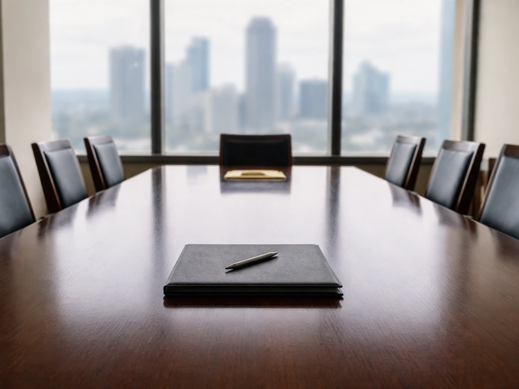 Empty corporate boardroom table and chairs with natural light, suggesting board leadership.