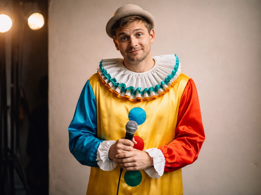 Anonymous comedian in playful costume holding a microphone in a simple studio corner.