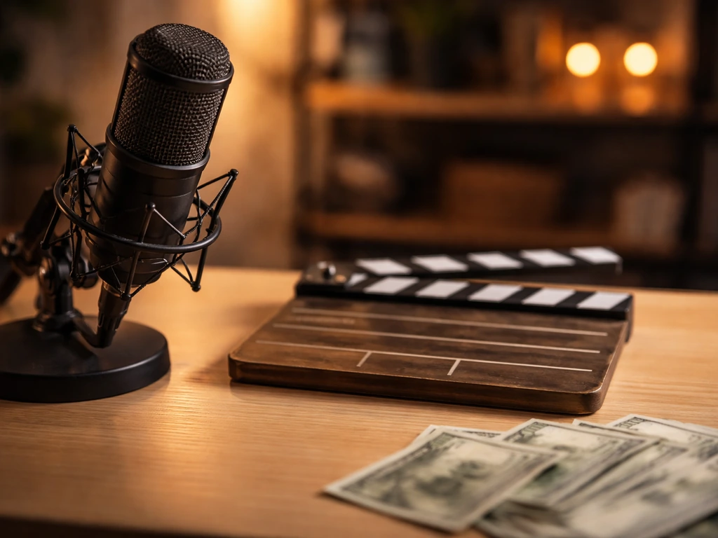 Minimal photo of a studio desk with microphone, film clapperboard, and scattered cash-resembling bills