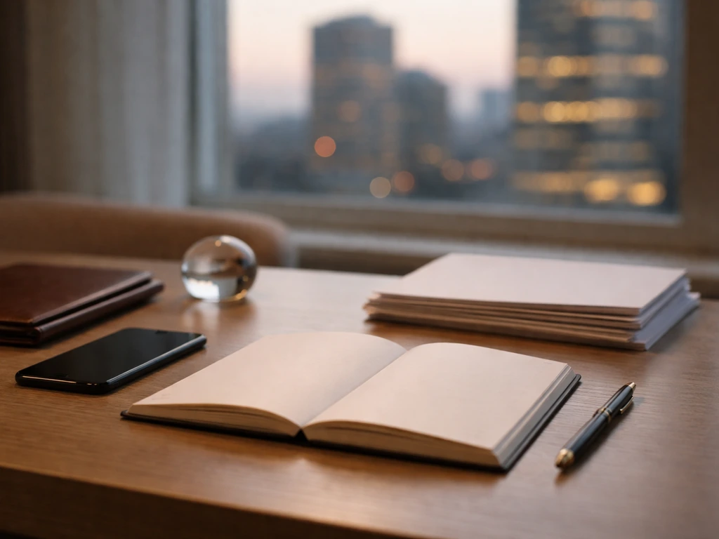 Minimal desk scene with documents, notebook, and portfolio suggesting financial valuation ranges.