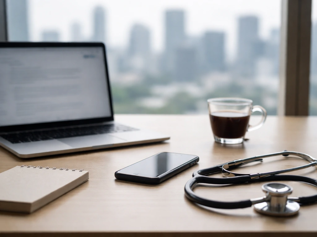 Minimal office desk with laptop and healthcare tech cues, symbolizing verifying the right person online.