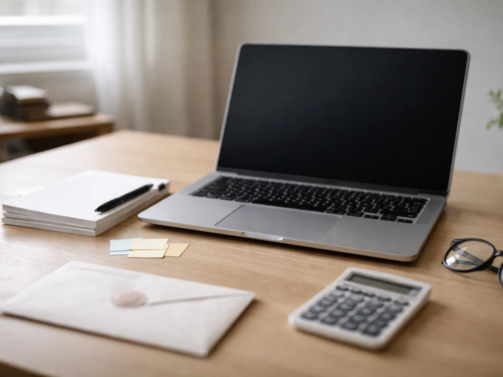 Minimal desk scene with laptop and small paper notes symbolizing sources and assumptions for a net worth estimate