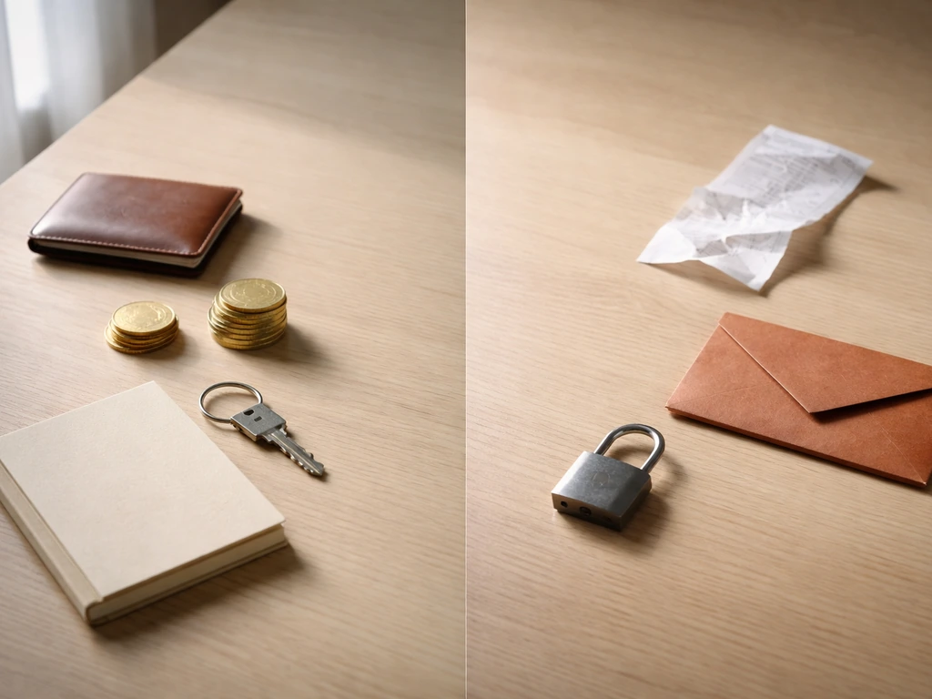 Minimal desk scene with asset items on one side and debt/expense items on the other.
