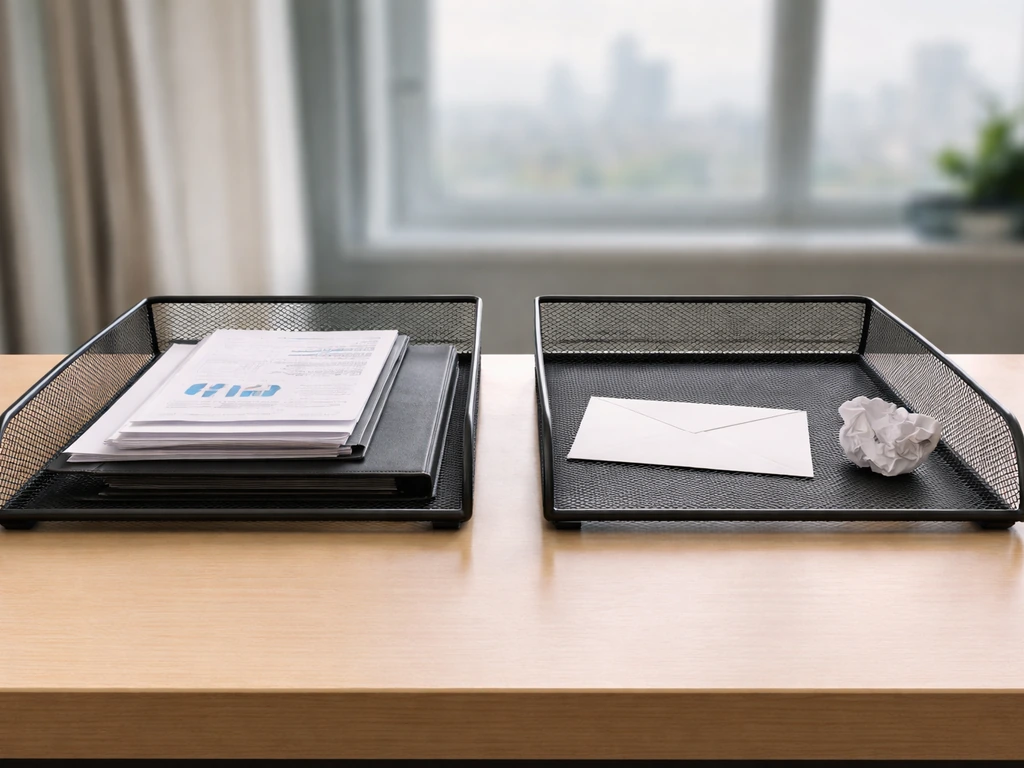 Two trays on a desk with investment documents in one side and a blank envelope in the other.