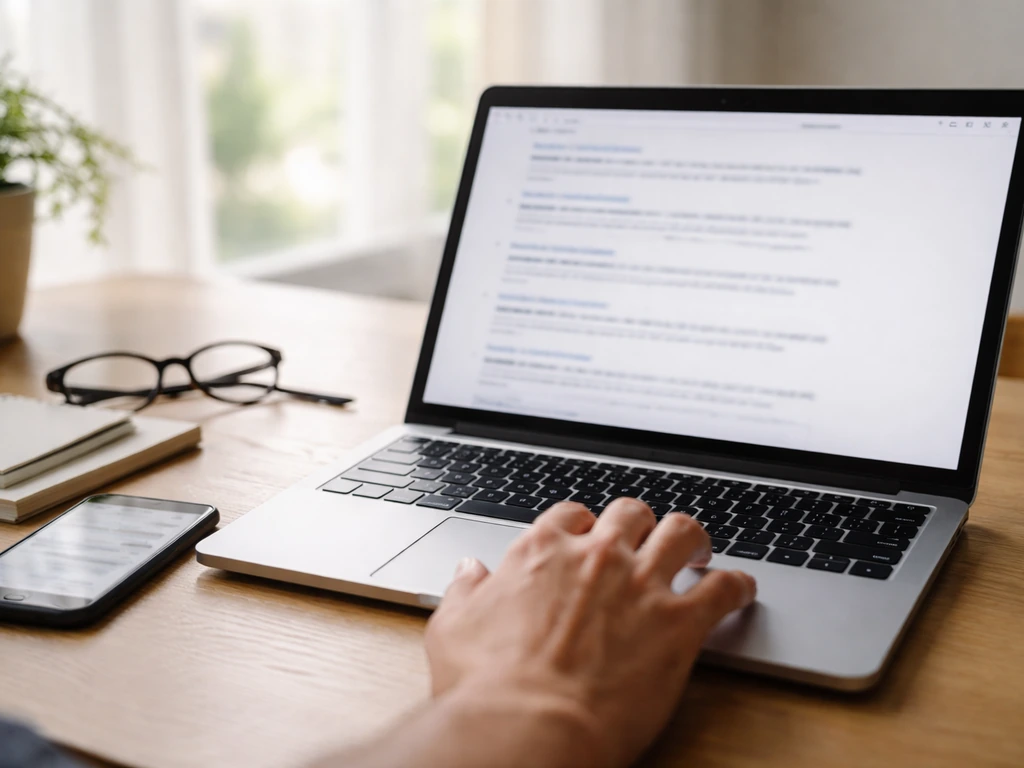 Home office desk with blurred laptop search results and a verifying hand gesture to suggest name confusion