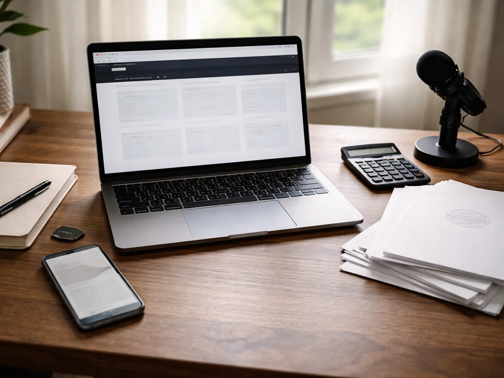 Minimal desk scene with laptop and finance documents suggesting brand identity confusion, no person shown.