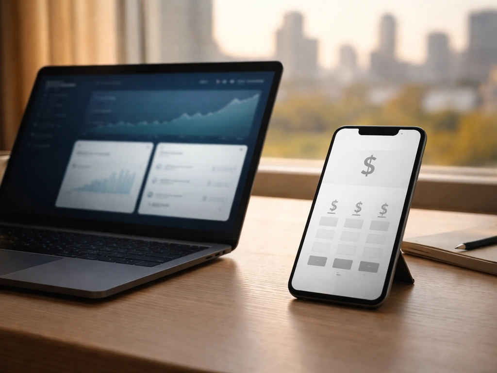 Minimal photo of a laptop and smartphone showing a generic trading subscription style pricing card layout