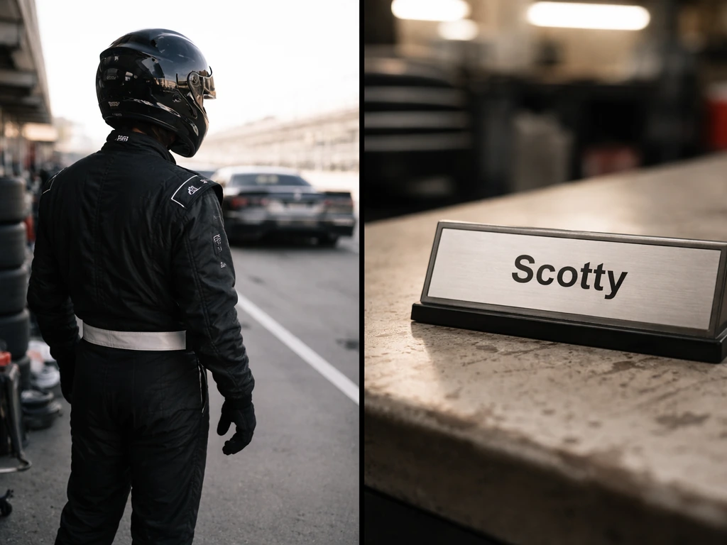 Split-screen of an anonymous race driver in a pit lane and a separate nameplate hint reading “Scotty.”