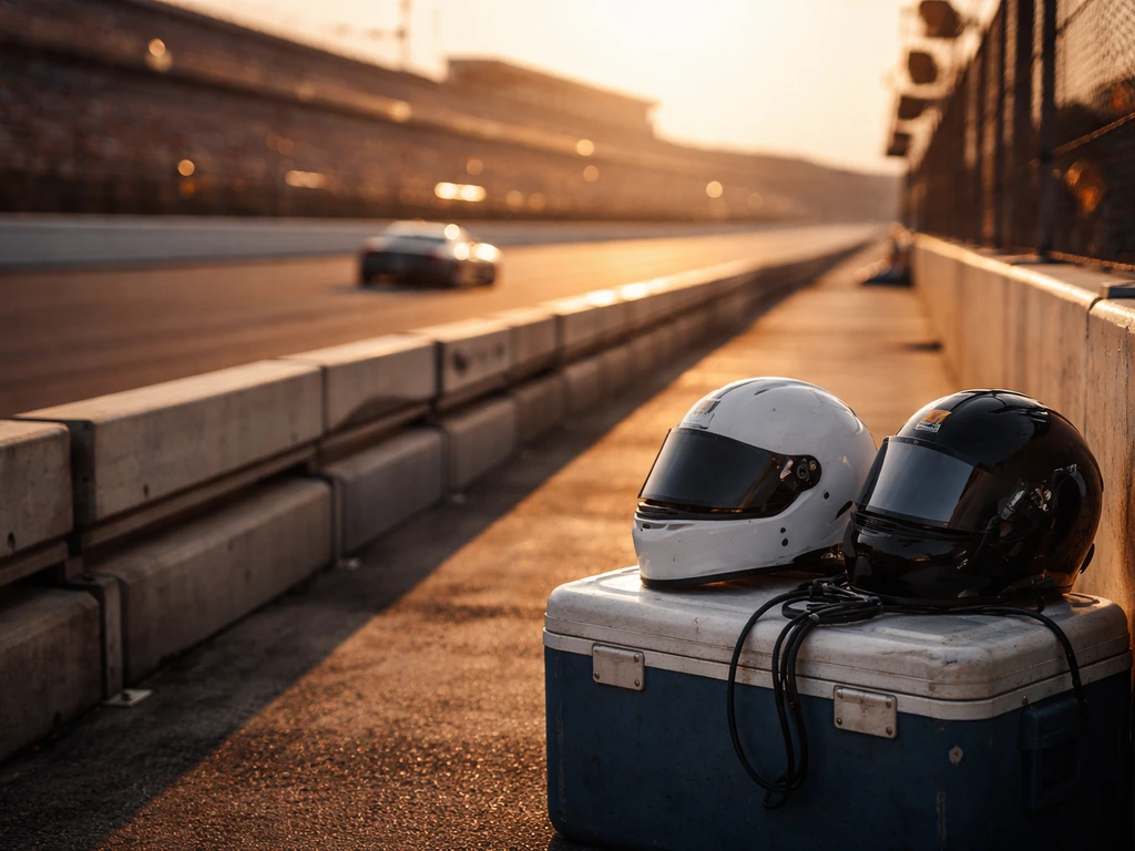 NASCAR pit lane scene with race car and crew gear, suggesting a career at a major track event.