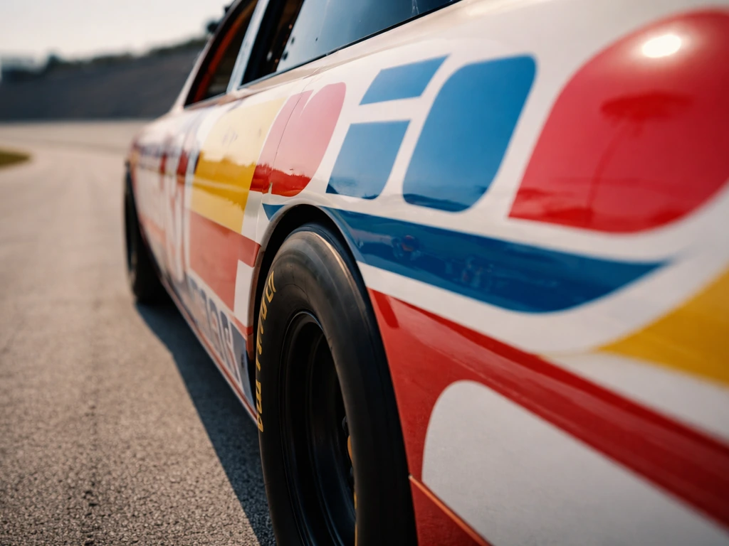 Close-up of a NASCAR race car’s sponsor decals on the side, shot on a quiet racetrack in daylight.