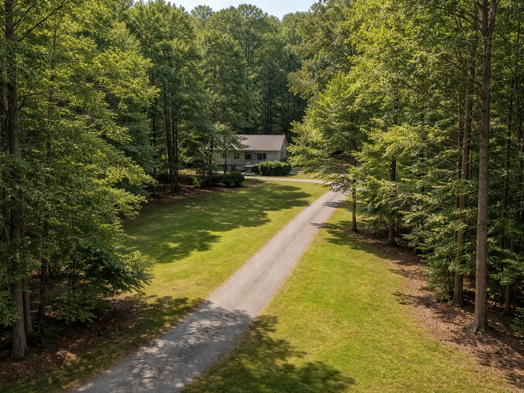 Aerial view of a quiet suburban property in Bahama, North Carolina with a driveway and trees