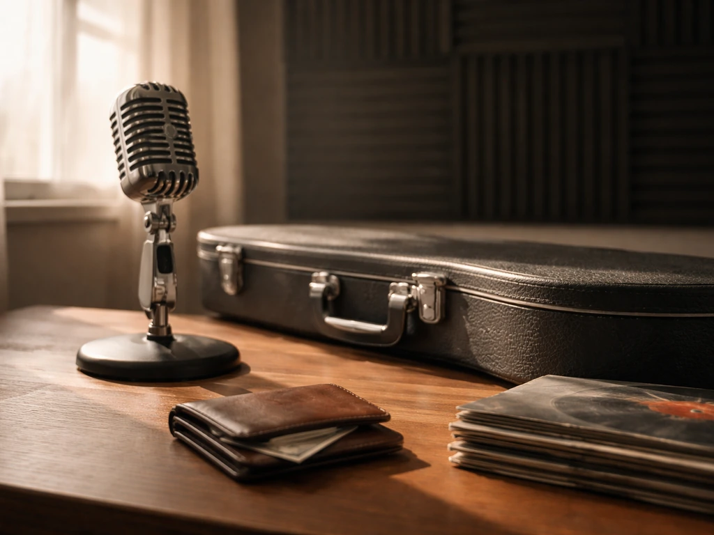 Minimal music-studio scene with a microphone, instrument case, and a wallet suggesting financial analysis