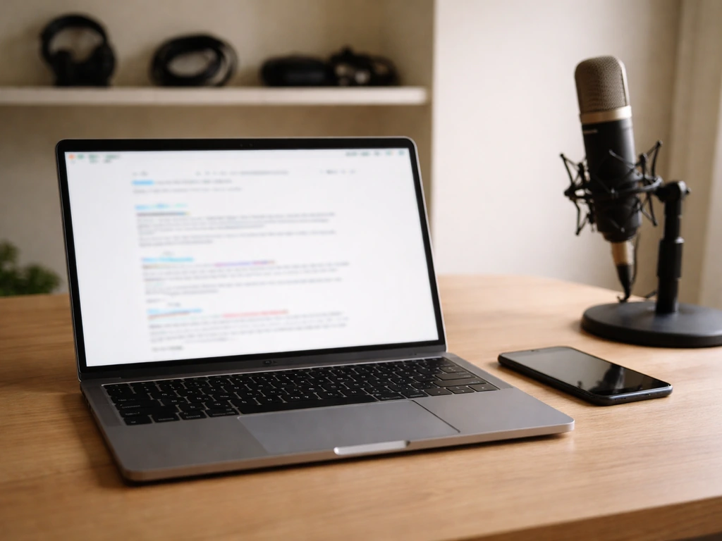 Home studio desk with laptop and phone showing blurred search results about money and identities