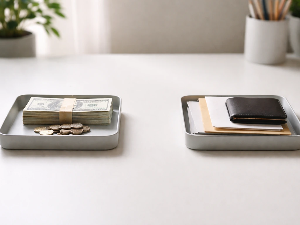 Minimal desk scene with money trays on one side and envelopes/wallet on the other for net worth model