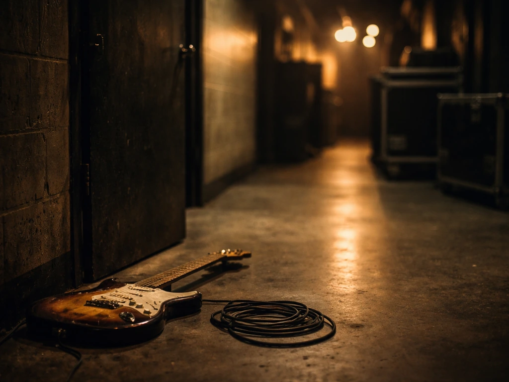Worn electric guitar on a backstage floor with soft distant stage light, no people visible.