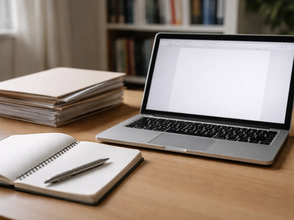 Close-up of a laptop and papers showing a corporate records search in a quiet home office