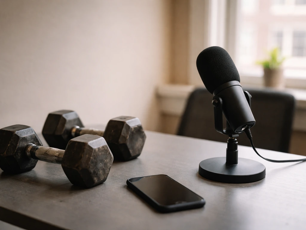 Fitness creator’s studio scene with a microphone and dumbbells beside a window, symbolizing online money interest