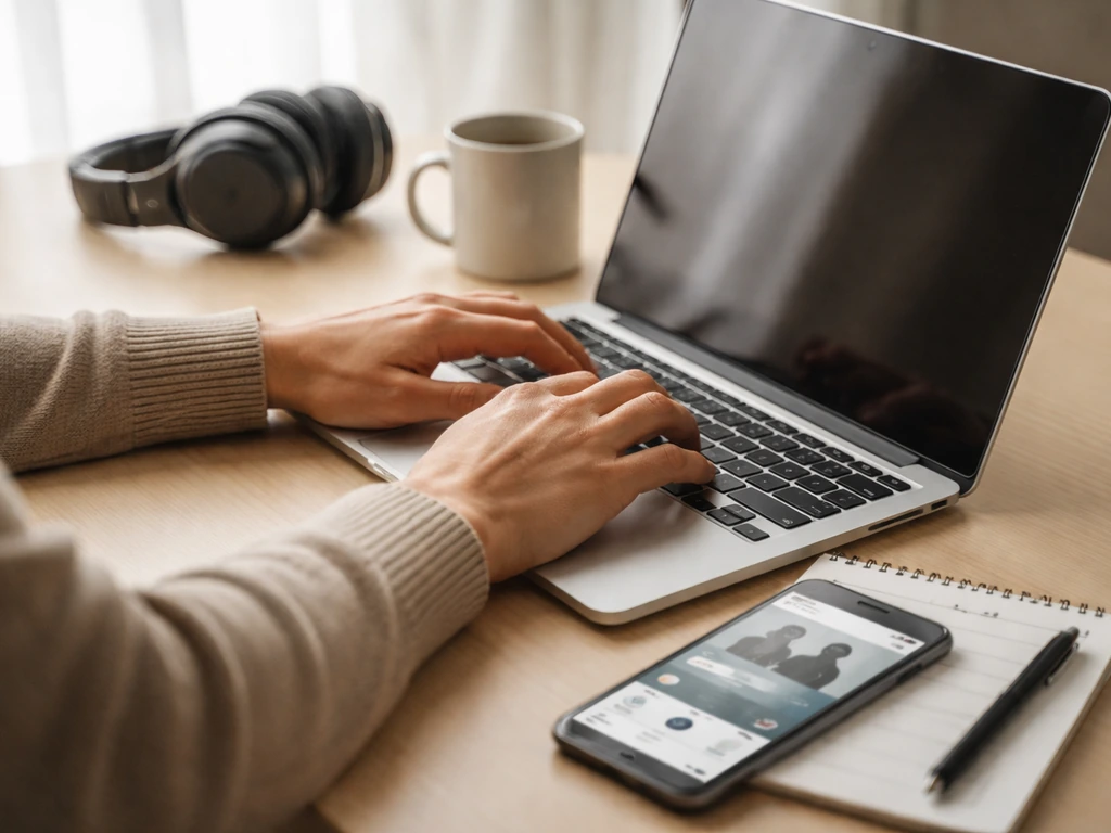 Person researching income evidence on a laptop beside a phone with media links and notes