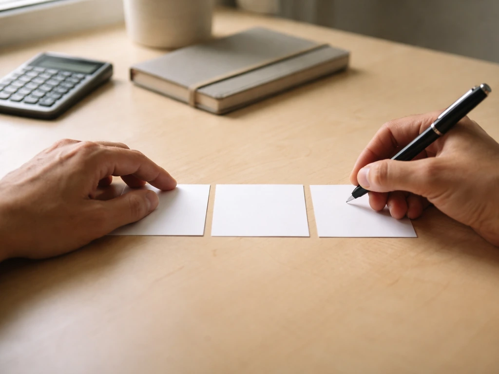 Close-up of hands filling simple low/mid/high estimate cards on a desk with a calculator