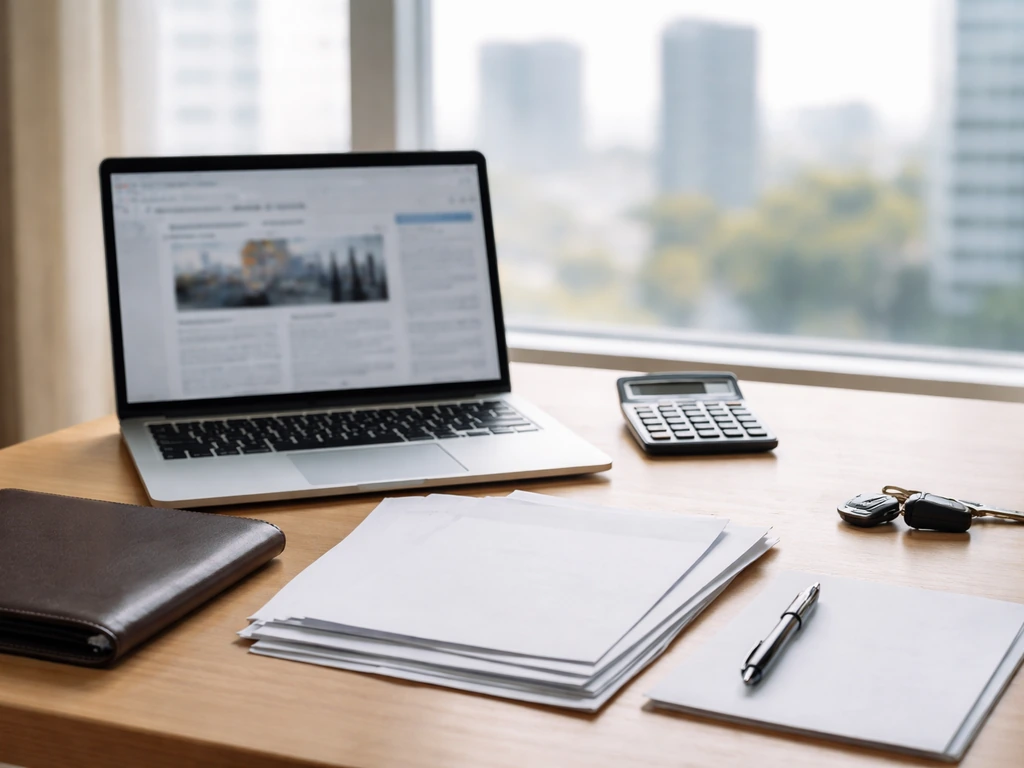 Minimal office desk with scattered documents, a calculator, and a laptop showing a blurred financial news page concept.