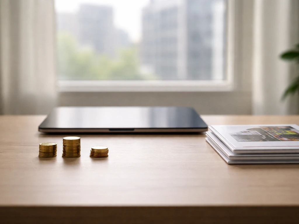 Minimal office desk with a laptop and scattered coins beside a window, symbolizing changing wealth estimates.