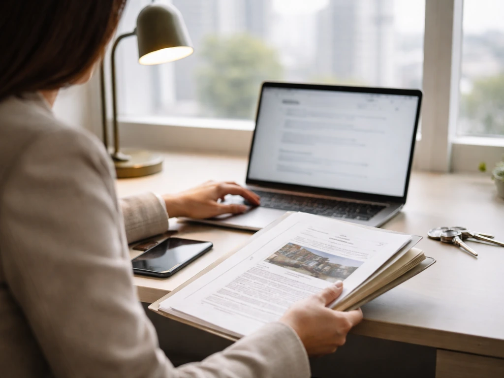 Anonymous desk scene with laptop search results blurred and property appraisal papers, money research vibe